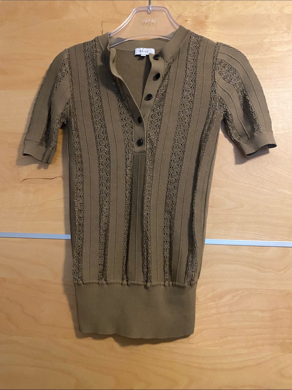 Reiss Olive Green Short Sleeve Knit Tee with Button Placket